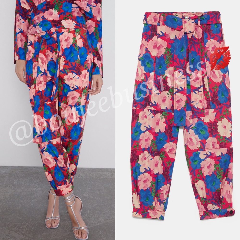 ZARA BNWT Belted Floral Print Pants + Draped Top 2pc Coord Set - Picture 8 of 8